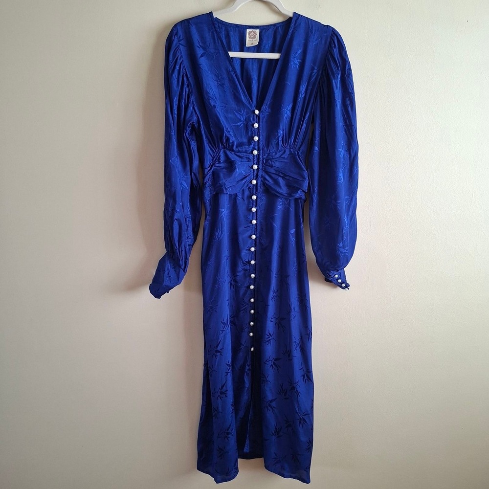 Bali ELF Juliette Pearl Button Cobalt Blue Jacquard Midi Dress Puff Sleeve M
